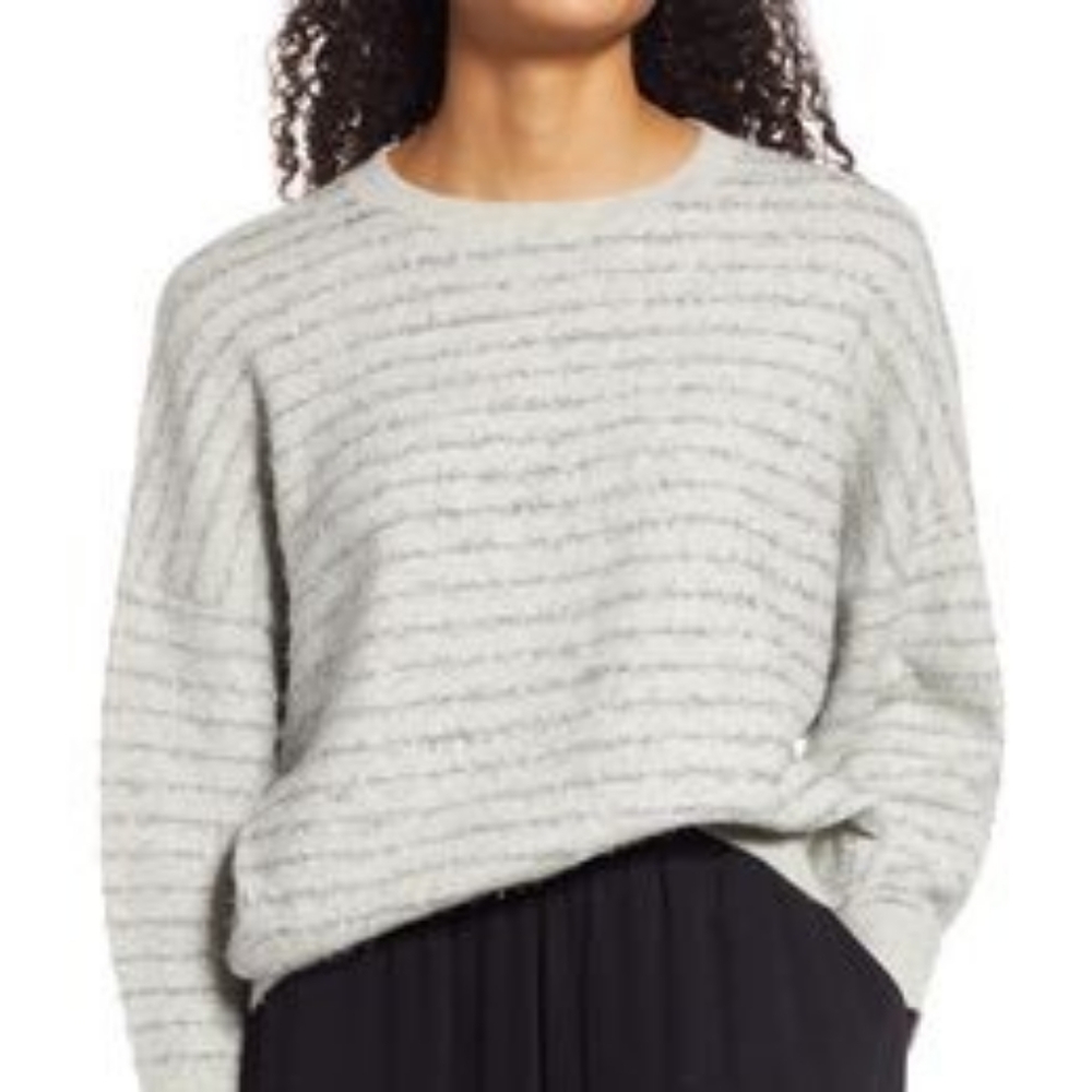 Nordstrom Metallic Stripe sweater, drop shoulder, grey & silver, Women's M